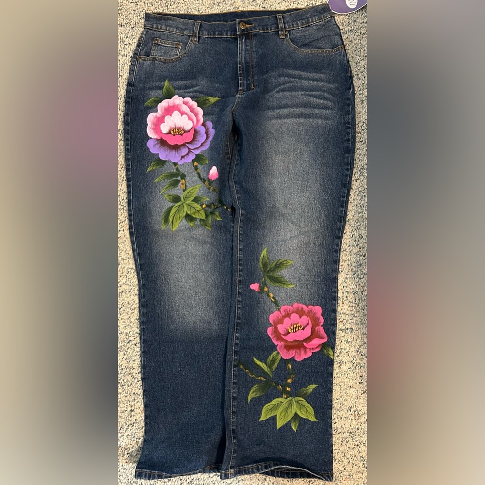 DG2 by Diane Gilman Dark Blue Jeans with Pink and Purple Floral Embroidery